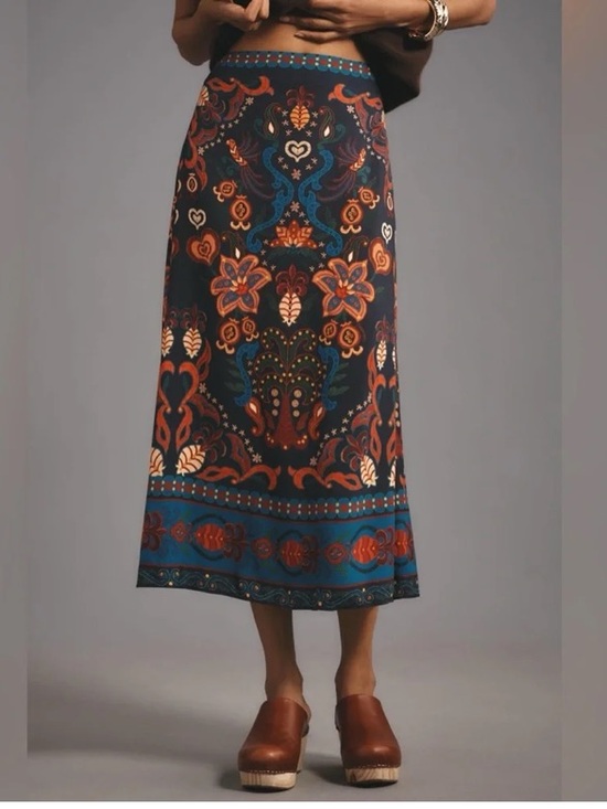 FARM Rio Dresses & Skirts - New Anthropologie Farm Rio Indigo Blue Boho Beach Floral Satin Slip Midi Skirt M